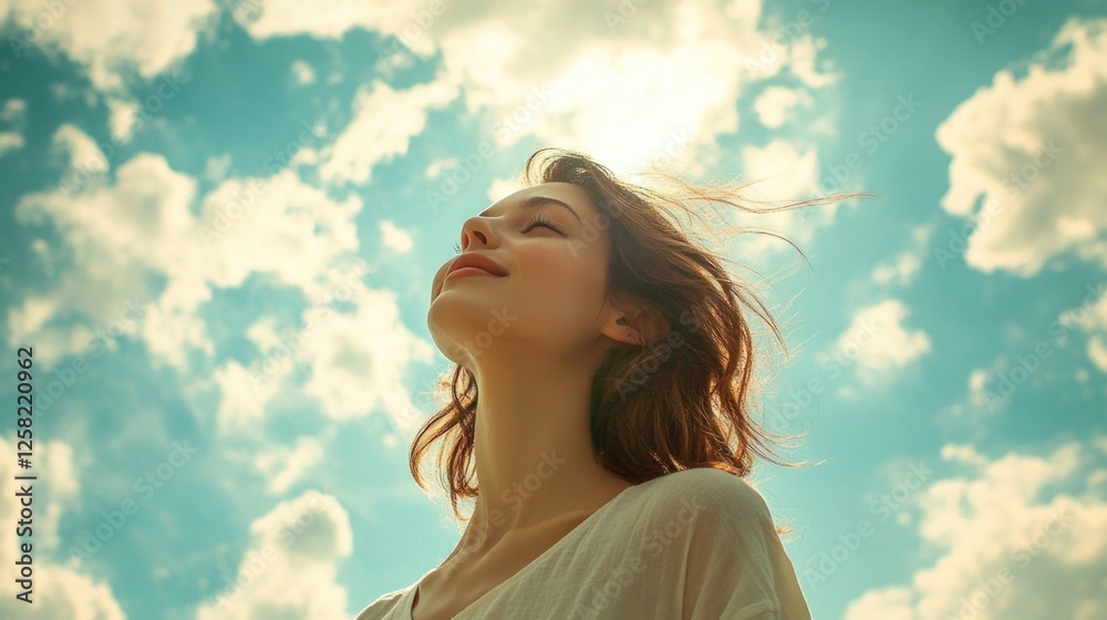 Woman basking in sunlight against a cloudy sky Woman basking in sunlight against a cloudy sky