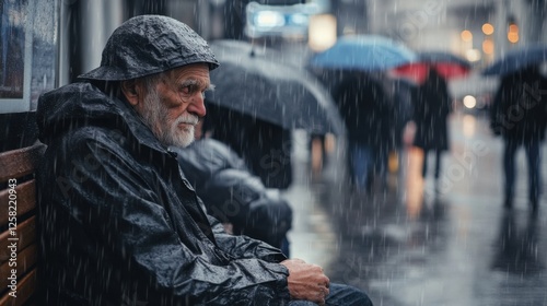 An old homeless veteran sitting on a bench in the rain, ignored by people with umbrellas hurrying past him photo