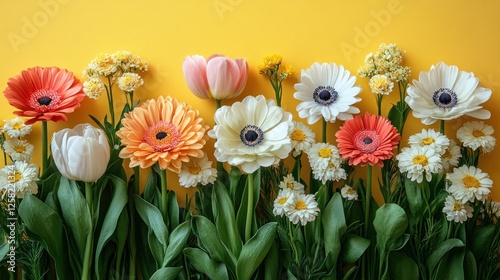 Vibrant arrangement of colorful flowers on a bright yellow background, perfect for spring-themed designs