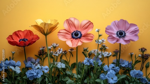 Colorful artificial flowers in vibrant hues arranged against a bright yellow background, showcasing spring beauty