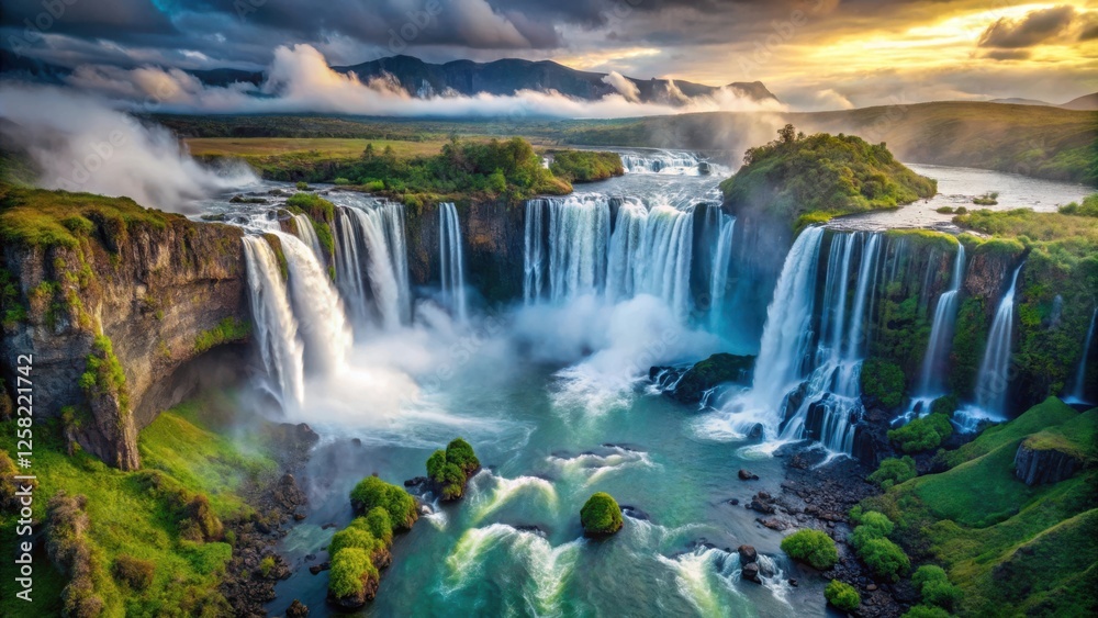 A cascading waterfall flows over moss-covered rocks, creating a majestic display of nature's power, with a vibrant green landscape and a dramatic sky above. A cascading waterfall flows over moss-covered rocks, creating a majestic display of nature's power, with a vibrant green landscape and a dramatic sky above.