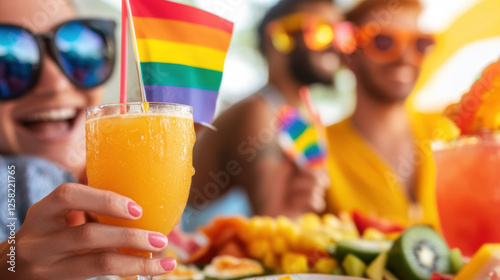 vibrant celebration with friends enjoying colorful drinks and fruit platters, featuring pride flag. Pride month activity concept