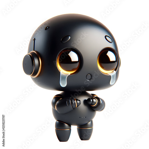 Cute 3D black robot with golden eyes crying in side view isolated on white background