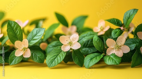 Delicate pink flowers blooming among vibrant green leaves on a bright yellow background