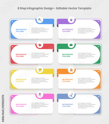 8 Steps Infographics Design Template - Graph, Pie chart, workflow layout, square diagram, brochure, report, presentation, web design Editable Vector illustration on white background