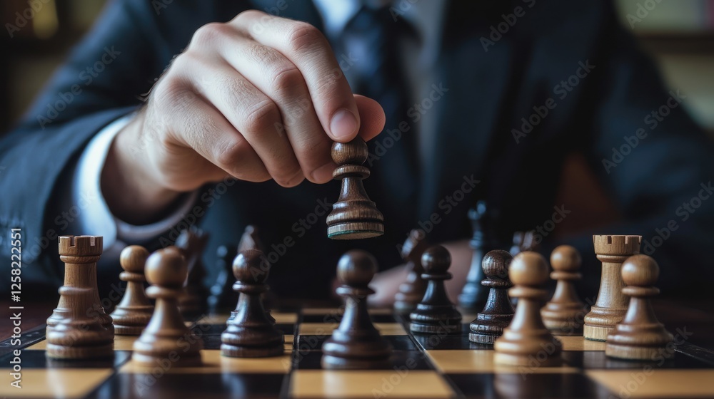 A close-up of a person in a suit strategically moving a chess piece during a game, highlighting the concentration and intellect involved in chess. A close-up of a person in a suit strategically moving a chess piece during a game, highlighting the concentration and intellect involved in chess.