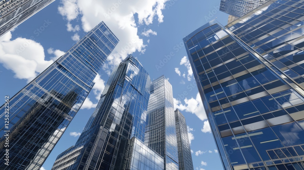 Twin glass skyscraper office buildings, connected by a skybridge, bright midday sun, deep blue sky, Twin glass skyscraper office buildings, connected by a skybridge, bright midday sun, deep blue sky,
