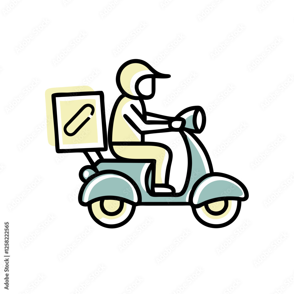 Hand-drawn pizza delivery scooter in pastel colors Hand-drawn pizza delivery scooter in pastel colors