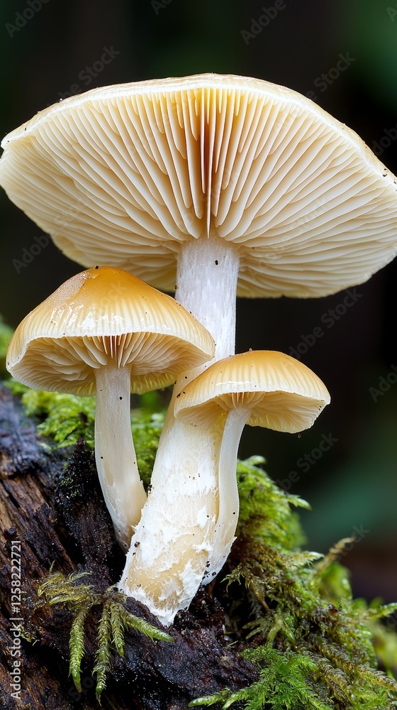 Cluster of Delicate Pale Mushrooms Growing on a Log in a Lush Forest Environment Close-Up Photography Cluster of Delicate Pale Mushrooms Growing on a Log in a Lush Forest Environment Close-Up Photography