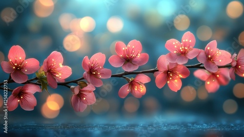 Delicate pink cherry blossom branch with glowing petals against a dreamy bokeh background
