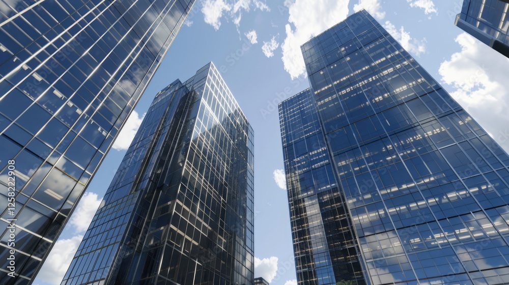 Twin glass skyscraper office buildings, connected by a skybridge, bright midday sun, deep blue sky, Twin glass skyscraper office buildings, connected by a skybridge, bright midday sun, deep blue sky,