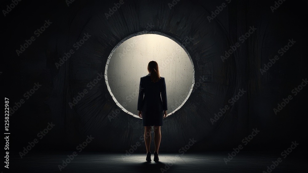 Obraz premium Rear view of a businesswoman against black wall standing in a big keyhole 