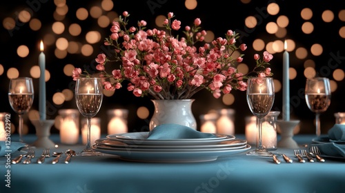 Elegant dinner table setting with floral centerpiece and candles, glowing bokeh lights in background