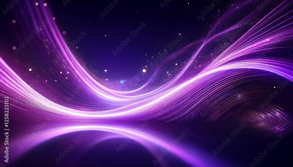 Fototapeta premium dynamic purple light streaks forming a wave pattern against a dark background, sparkling particles resembling stars