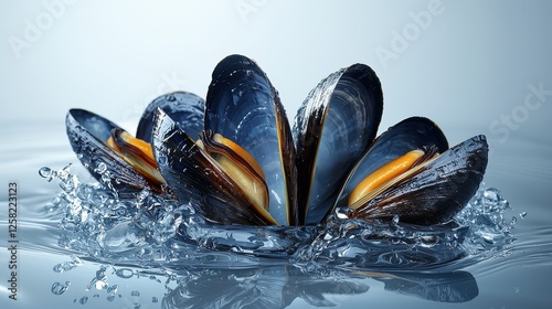 Close-Up of Fresh Blue Mussels with Water Splash on Blue Background