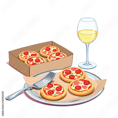 Vsai mini pizzas served with white wine and pizza server