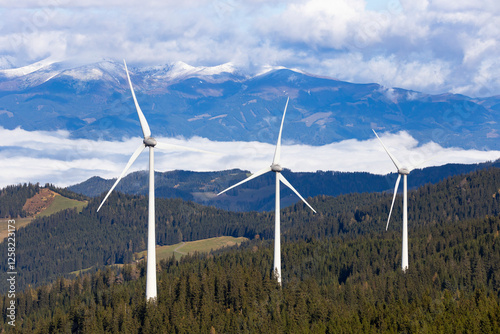 Wind power plants at a mountain ridge at the Gaberl in Styria, Austria