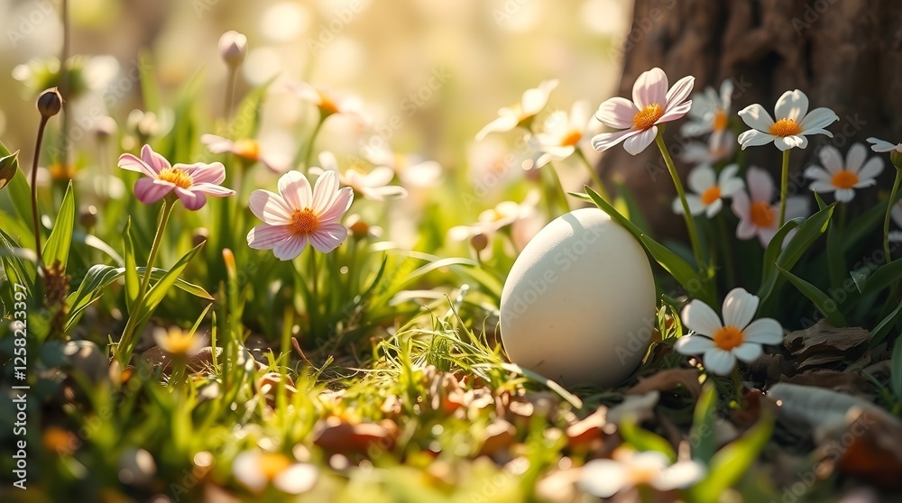 a pastel Easter egg cradled by vibrant spring flowers, space for copy a pastel Easter egg cradled by vibrant spring flowers, space for copy