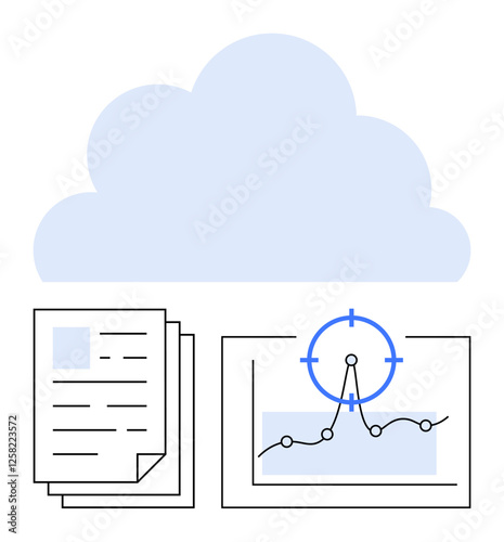 Stack of documents next to analytics graph under cloud graphic, highlighting data tracking, sharing, and insights. Ideal for cloud storage, analytics, documentation, business strategy, teamwork