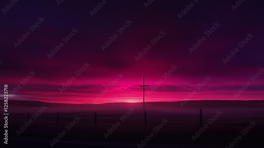Obraz premium Silhouette of Cross at Dusk Purple Sky Twilight Spiritual Symbolism and Tranquil Atmosphere