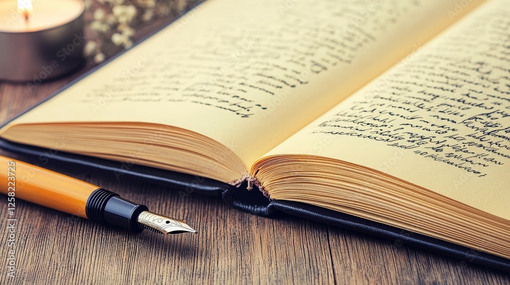 Open Notebook with Handwritten Notes Next to a Candle and Pen Open Notebook with Handwritten Notes Next to a Candle and Pen