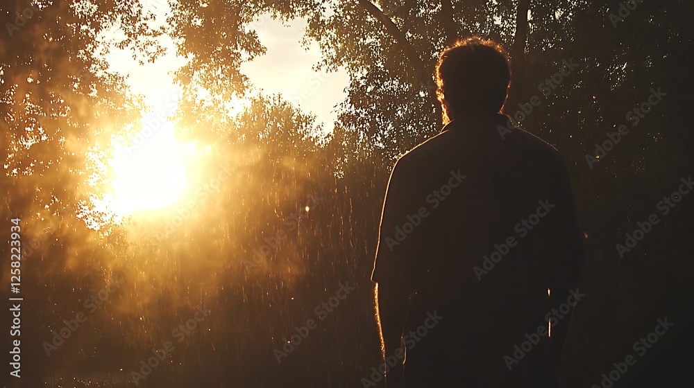 Silhouette of Man Contemplating Golden Sunset in Nature Seeking Hope and Serenity in Sunlight