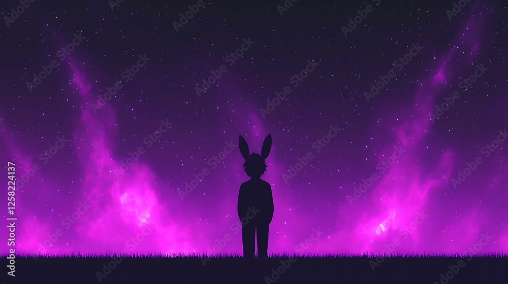 Fototapeta premium Silhouette of Rabbit Eared Person Contemplating Purple Nebula Sky Starry Night Serenity and Wonder