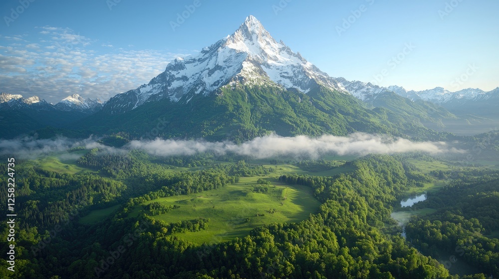 Majestic snow-capped mountain sunrise over green valley Majestic snow-capped mountain sunrise over green valley
