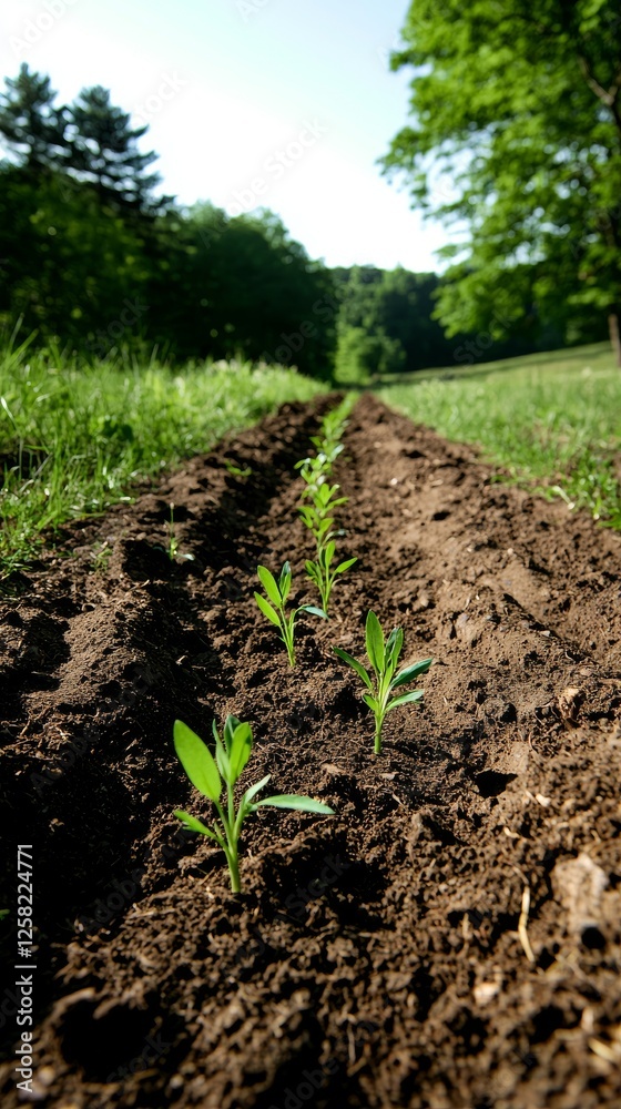 Young Seedlings Growing in Rows Sunny Field Nature Photography Agriculture Environment Close-up View Growth Concept Young Seedlings Growing in Rows Sunny Field Nature Photography Agriculture Environment Close-up View Growth Concept