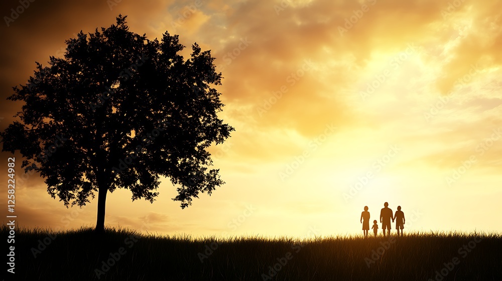 Silhouetted Family Under Golden Sky Near Majestic Tree Stands Proudly in Picturesque Landscape Silhouetted Family Under Golden Sky Near Majestic Tree Stands Proudly in Picturesque Landscape