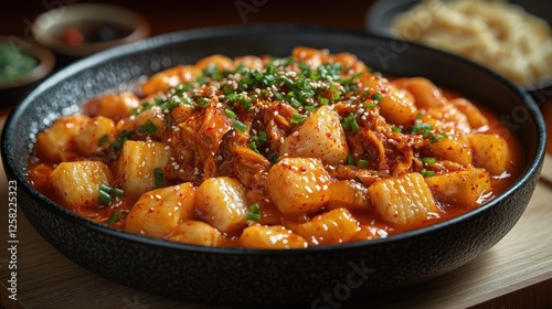 Korean food, spicy tteokbokki dish, close-up, side dishes visible photo