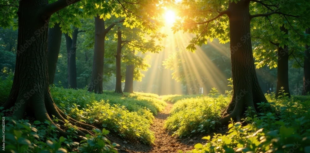 Obraz premium A serene forest glade bathed in warm sunlight, greenery, warm sunlight, woodland ambiance