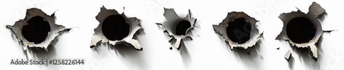 Bullet Holes in Metal: A collection of five realistic bullet holes in metal, varying in size and shape, showing torn edges and dark interiors.