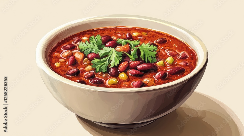 Fresh and Flavorful Chili in a White Bowl with Green Garnish Fresh and Flavorful Chili in a White Bowl with Green Garnish