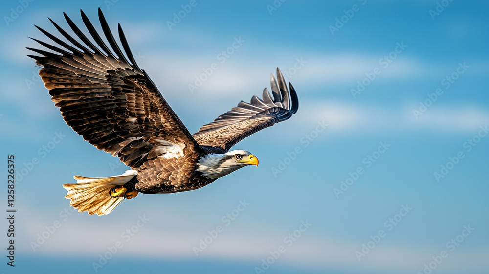 Obraz premium Majestic eagle soaring gracefully through a clear blue sky.