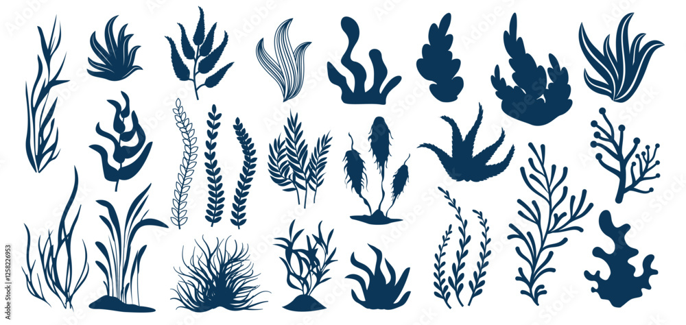 Fototapeta premium Seaweed silhouettes. Aquatic plants, underwater flora shapes of leaves and seaweeds for aquarium decoration. Marine plant isolated vector set.