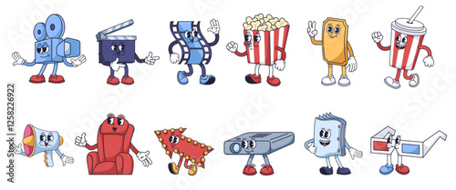 Groovy cartoon movie theater mascots. Film camera, clapperboard, filmstrip, cinema ticket, popcorn and soda cup, megaphone, chair, arrow, movie projector, script and 3D glasses characters vector set.