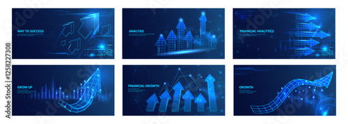 Wireframe 3d arrows charts. Business growth and financial success, futuristic technology analysis, investment profit or finance data. Stock market increase, uptrend indicators vector set.