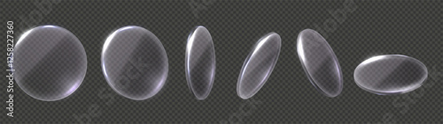 Transparent glass discs. Realistic 3D glossy optical elements, search, magnifying, clear glass circle with light refraction and transparency effect isolated vector set.