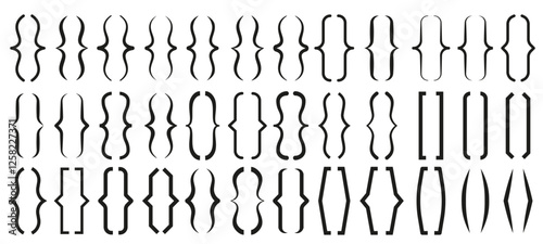 Text brackets. Curly bracket icons, typography braces pairs for quotation frame banners and quote box designs. Texting borders isolated vector symbols set.
