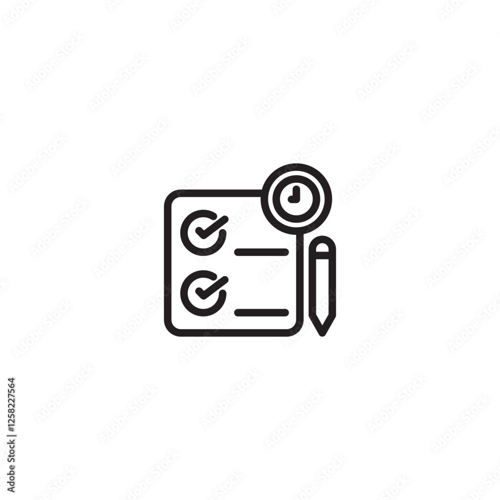 A clipboard with two checked items, a clock icon, and a pencil. Represents time-sensitive tasks, scheduled reviews, or deadlines for completed items. A clipboard with two checked items, a clock icon, and a pencil. Represents time-sensitive tasks, scheduled reviews, or deadlines for completed items.