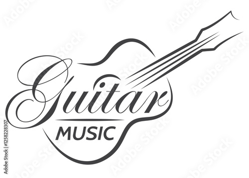An elegant guitar music logo featuring a sleek black and white design with flowing lines and a sophisticated script font.