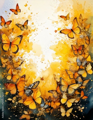 Yellow Butterflies in Watercolor Splash – Vibrant, abstract butterfly wings all around with empty copy space in the middle