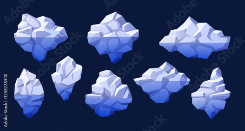 Floating icebergs. Arctic glaciers, frozen icy mountains and blue ice peaks. Cartoon iceberg with underwater part for diagram designs isolated vector illustration set.