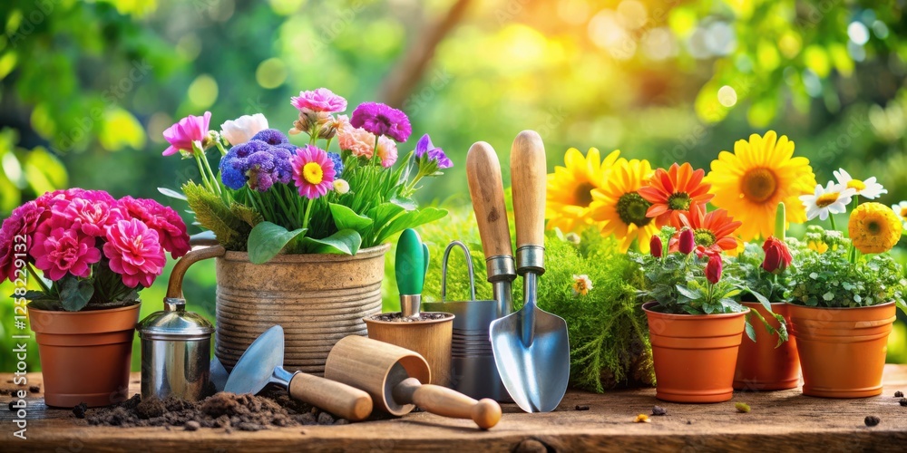 A variety of colorful potted flowers with gardening tools on a wooden surface, surrounded by a blurred green background with sunlight shining through A variety of colorful potted flowers with gardening tools on a wooden surface, surrounded by a blurred green background with sunlight shining through