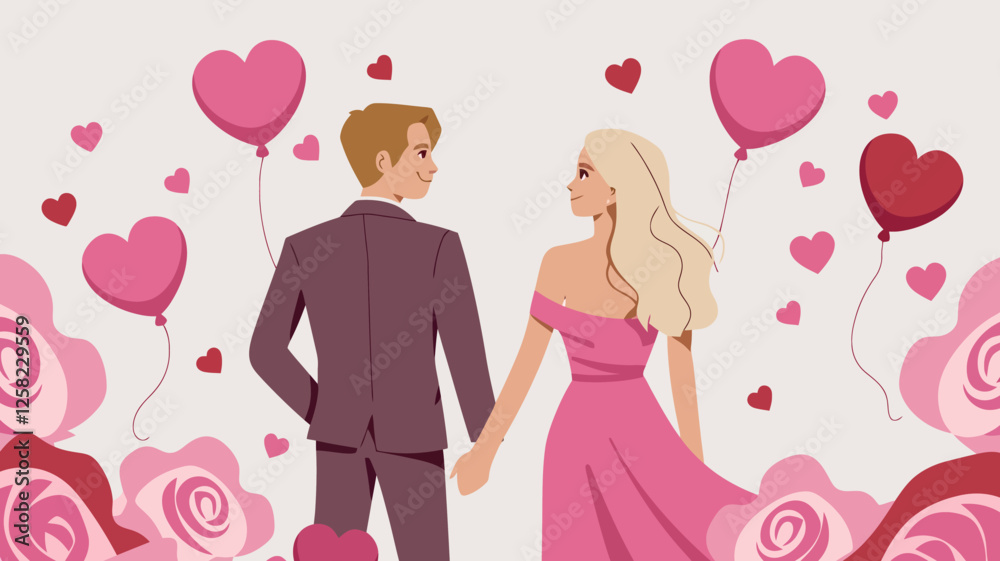 A couple holding hands, surrounded by heart-shaped balloons and rose petals A couple holding hands, surrounded by heart-shaped balloons and rose petals