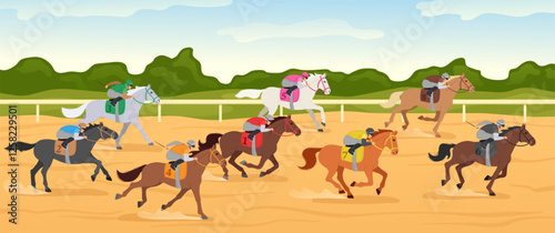 Cartoon hippodrome competition. Horse race track with jockey riding horses, equestrian sport and horse riders compete. Fast galloping tournament vector illustration.