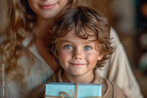 Mother day, Mom and son are happy,giving a gift
