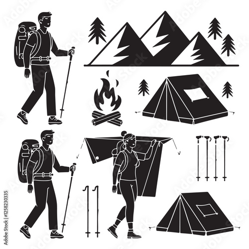 Outdoor hiking and camping vector set.