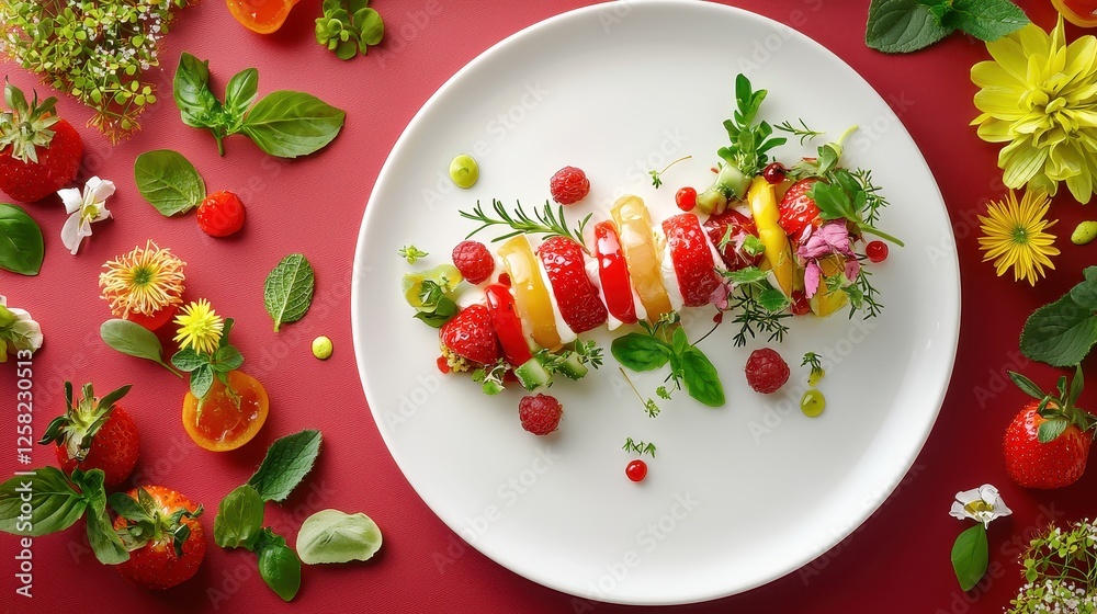 Colorful Fruit Salad with Fresh Herbs and Vibrant Floral Garnish Colorful Fruit Salad with Fresh Herbs and Vibrant Floral Garnish